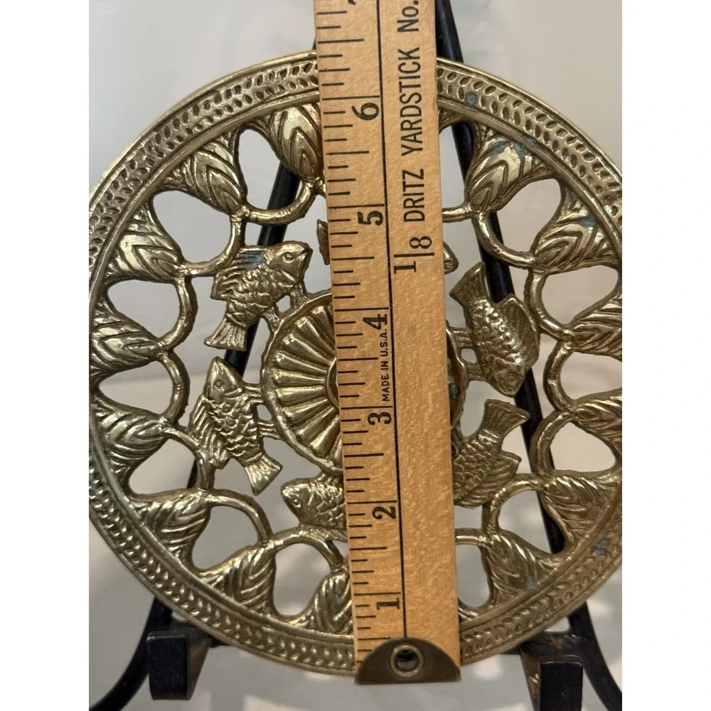 Vintage Brass Trivet Round Fish Design Hot Pot Holder Kitchen Decor Stamped
